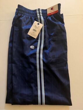 Champion Navy Pinstripe Track Pants with Light Blue Stripes